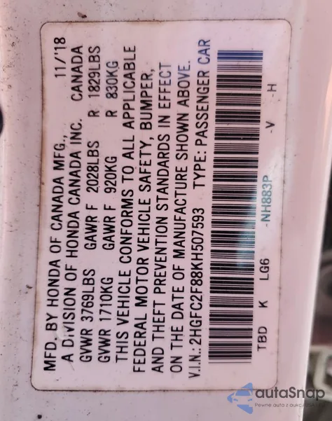 2019 Honda Civic Sport из США, поврежденный, VIN 2HGFC2F88KH507593